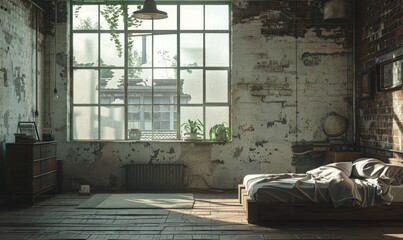 Industrial bedroom with an empty drawer