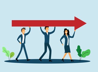 Fototapeta premium Business People Carrying a Forward Arrow Heading for Success. Motivation to move forward and achieving results