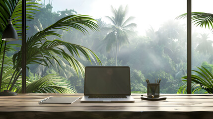 Fototapeta premium A serene remote workspace featuring a laptop on a wooden desk, set against a backdrop of lush tropical greenery and natural light.