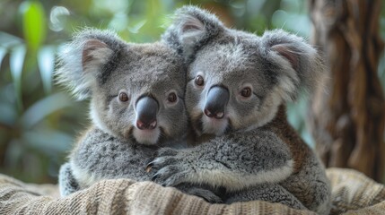 Obraz premium Two koalas embrace each other on a woven blanket, showcasing their affection and endearing faces