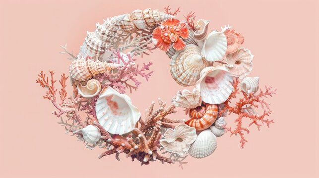 Decorative seashell wreath with coral accents on a pastel pink background, perfect for beach-themed designs and summer decor inspirations.