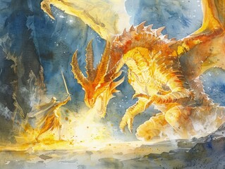 A dragon is attacking a knight with a sword. The dragon is orange and has a menacing look on its face. Scene is intense and dramatic