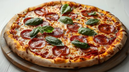 Freshly baked pepperoni pizza with mozzarella cheese and basil leaves on a rustic wooden background