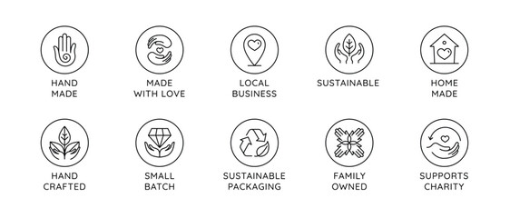 Vector set of logo design templates in simple linear style - handmade and local business, sustainable and environment friendly