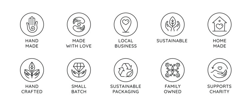 Vector set of logo design templates in simple linear style - handmade and local business, sustainable and environment friendly