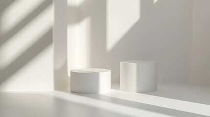 Two minimalist white cylinders placed in a bright space with sunlit shadows creating a serene and modern composition, emphasizing simplicity and geometric design.
