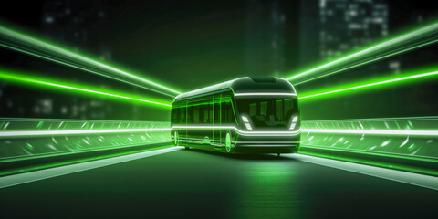 A futuristic bus speeding up along the streets