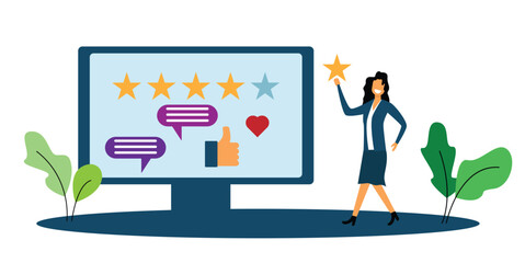 Happy Female Customer Giving Five Star Feedback. Good service rating and review concept vector