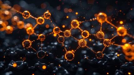 A computer-generated image of a molecular structure with glowing orange particles