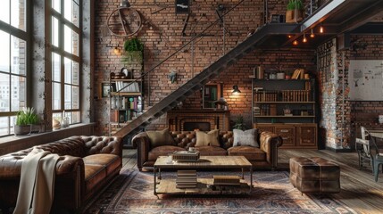 3D render of a living room interior in loft, industrial style, featuring exposed brick walls, metal fixtures, and rustic furniture, raw texture, high detail