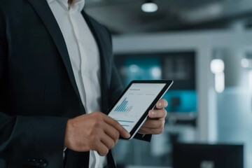 The latest business reports are in Closeup shot of a businessman analyzing statistics on a digital tablet in an office