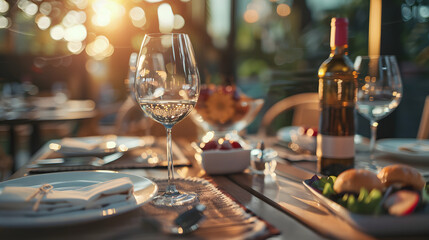 Obraz premium An inviting outdoor dining table set with wine glasses, a bottle of wine, and plates of appetizers, bathed in the warm glow of the setting sun. Perfect for a relaxed evening meal.
