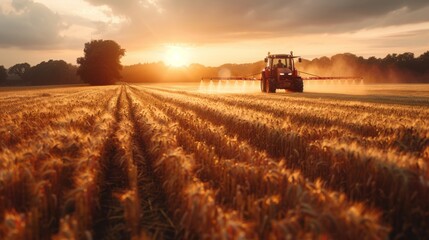 Obraz premium Tractor spraying pesticides or fertilizers on crops in a field with the sun setting in the background