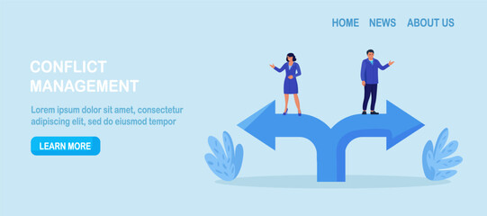 Different business direction, team conflict. Opposite decision, disagreement. Conflict of interest. Business people confrontation. Businessmen standing on arrows in opposite positions