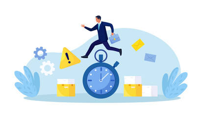 Work time management. Busy businessman is running over watch. Quick response, person rush to do everything on work matters. Time is running out. Deadline, time pressure. Productivity