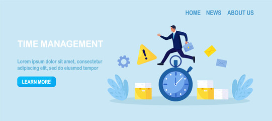 Work time management. Busy businessman is running over watch. Quick response, person rush to do everything on work matters. Time is running out. Deadline, time pressure. Productivity