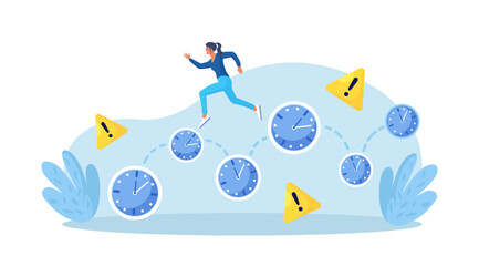 Work time management. Busy business woman is running over watch. Quick response, person rush to do everything on work matters. Time is running out. Deadline, time pressure. Productivity