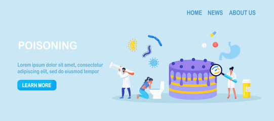 Fototapeta premium Woman with symptoms of food poisoning is holding a sick stomach. Nausea, intoxication. Inspector doing quality control of food. Food poisoning from poor quality cake. Pathogenic microorganisms