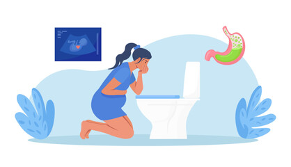 Pregnant woman suffering from nausea, vomit, morning sickness symptoms. Character stands over the toilet, holding her stomach with hand. Pregnancy symptoms, stomach ache. Digestive problem, gastritis