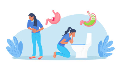 Sick character vomiting in toilet. Nausea stomach ache. Food or alcohol poisoning, digestive problem. Woman with signs and symptoms of pregnancy. Gastritis, appetite loss