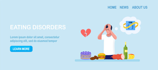 Eating disorders as psychological illness. Excessive weight control, food limitation. Depressed man eating fast food. Extreme overeating. Addiction to slimming, dieting and mental guilty feeling