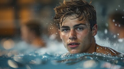 Teenage boy with a focused expression swims in a pool, his face dotted with water, encapsulating competition and drive