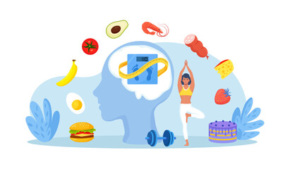 Eating disorders as psychological illness. Excessive weight control, food limitation. Woman worrying about her appearance, doing exercise. Addiction to slimming, dieting and mental guilty feeling