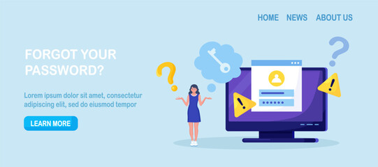Confused woman forgetting her password for web page. User assistance and password reset services. Person who forgot his personal data when he wanted to log in. Authorization and identification