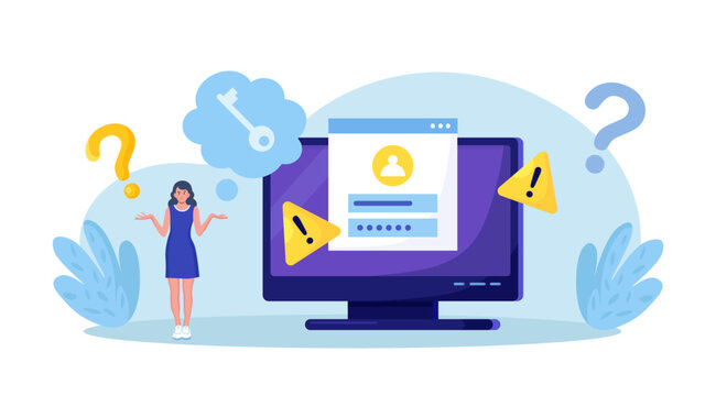 Confused woman forgetting her password for web page. User assistance and password reset services. Person who forgot his personal data when he wanted to log in. Authorization and identification