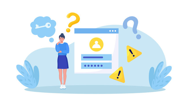 Confused woman forgetting her password for web page. User assistance and password reset services. Person who forgot his personal data when he wanted to log in. Authorization and identification
