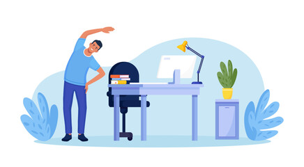 Man doing side bends, stretching. Employee working from home or office doing sport exercises at workplace to get rest and relaxation. Removing tension and muscle soreness. Fitness workout