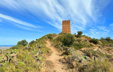 Ruins of Castillo De Almenara (Castell d'Almenara). Fortress ruins in mountains. Ruined fort on top of a mountain.