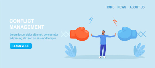 Conflict management. Man stopping conflict or fighting. Leadership skill to compromise and solving argument problem. Disagreement communication, negotiation. Business deal conversation