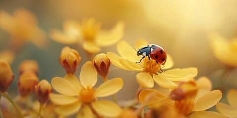 Naklejka premium Ladybug on Yellow Flowers in Sunlit Bloom