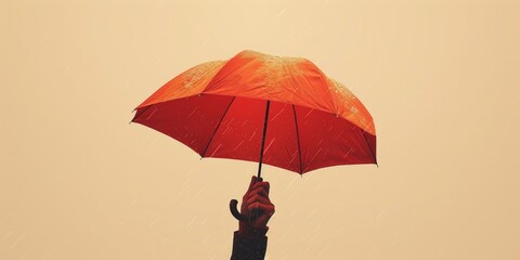 Hand Holding Red Umbrella Under Rain in Minimalist Orange Background