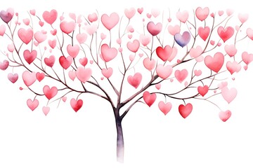 Heart Tree Branch with Pink Leaves - Watercolor Illustration