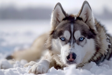 Naklejka premium Siberian husky dog portrait in winter