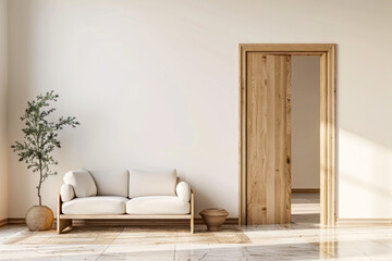 Fototapeta premium Open modern wooden door to living room