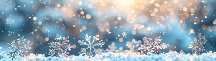Beautiful Winter Snowflakes in a Sparkling Snowy Landscape with Bokeh Lights in the Background