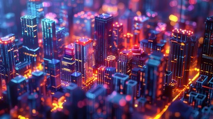 Obraz premium Aerial View of Futuristic Cityscape with Vibrant Neon Lights and Skyscrapers at Night