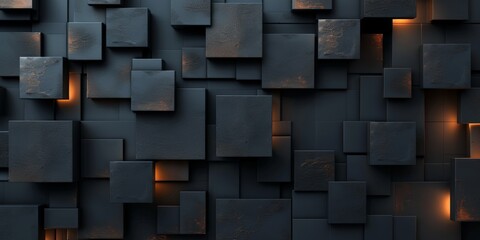 Abstract Geometric Pattern of Black Cubes with Glowing Edges