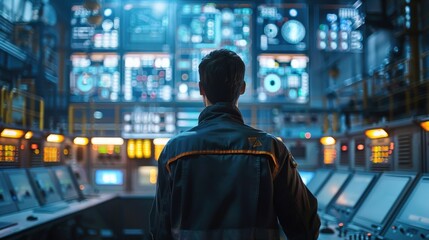 Technician Monitoring Advanced Control Room with Multiple Screens and Data Displays in High-Tech Facility