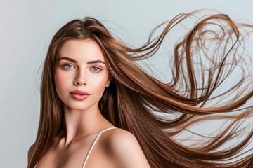 Fototapeta premium Portrait of a beautiful young woman with long straight shiny healthy brown hairs