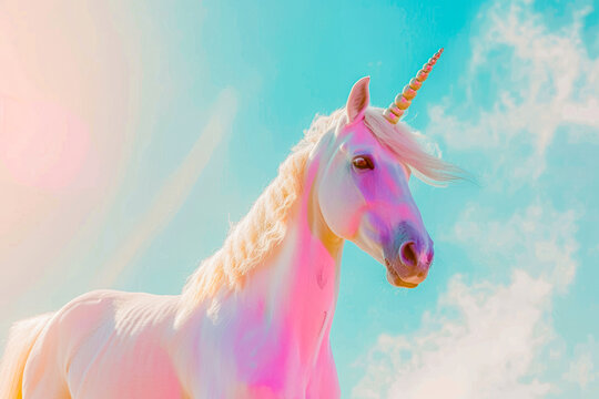 Portrait of unicorn on rainbow sky background - Powered by Adobe