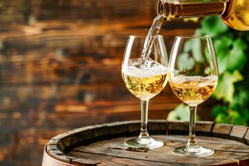 Obraz premium Pouring wine glasses of white wine from a bottle on wooden oak barrel background