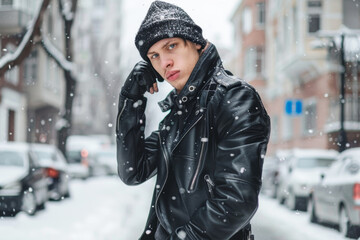 Punk guy in black leather jacket and woolen beanie posing in the winter snowy city streets