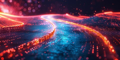 Obraz premium Neon Pathway: Vibrant Digital Abstract with Glowing Lines and Sparkling Lights in Blue and Red