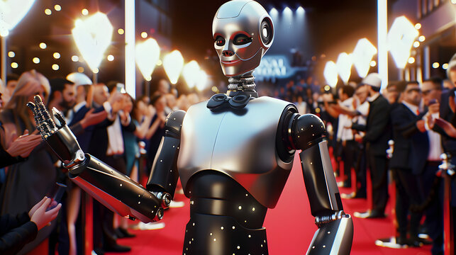 sophisticated robot walks down the red carpet at a gala event, surrounded by applauding guests. Blend of technology and glamour, showcasing the robot in a human like role at a prestigious gathering