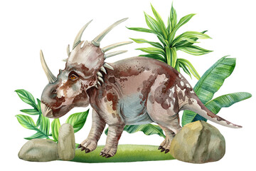 Dinosaurs in jungle forest, watercolor drawing of a Triceratops dinosaur. Hand painted animal with prehistoric landscape