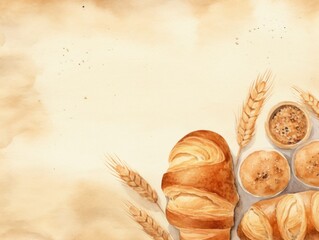 watercolor drawing background with fresh baked bread and wheat 